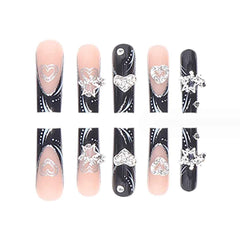 Uñas Foccna negras largas, diseño cuadrado y acabado brillante para looks sofisticados.