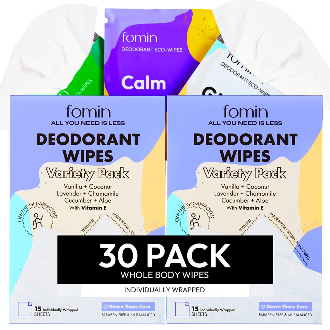 Toallitas desodorantes de viaje FOMIN, paquete de 30 unidades, ideal para llevar en el bolso.