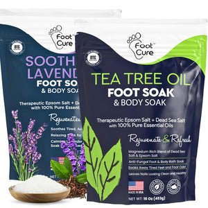 FOOT CURE baño de pies con árbol de té y lavanda, doble envase para relajación.
