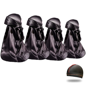 El durag de satén ForceWave negro muestra una textura lujosa que mantiene el cabello hidratado.