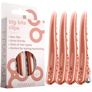 Clips FRAMAR rosa profesional 4-pack para estilizar el cabello con agarre firme.