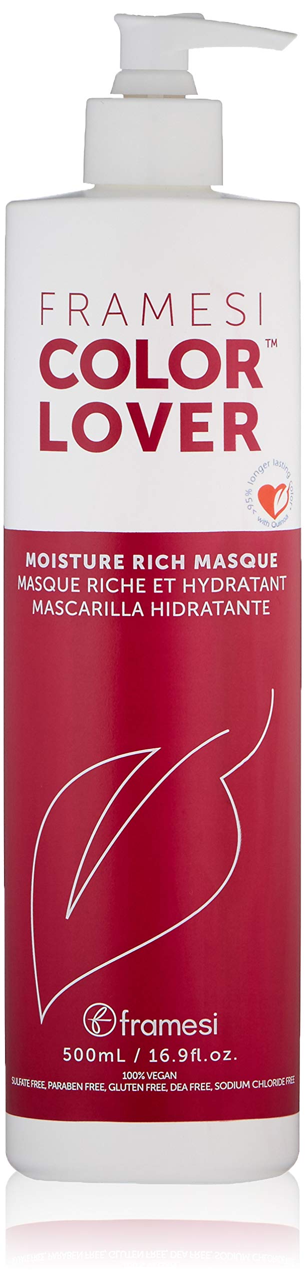 Frasco de Framesi Color Lover Masque con 500 ml para hidratación intensa del cabello teñido.