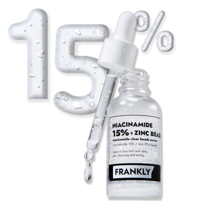 FRANKLY Niacinamida 15% + Zinc Serum frente a la botella, acabado mate suave.