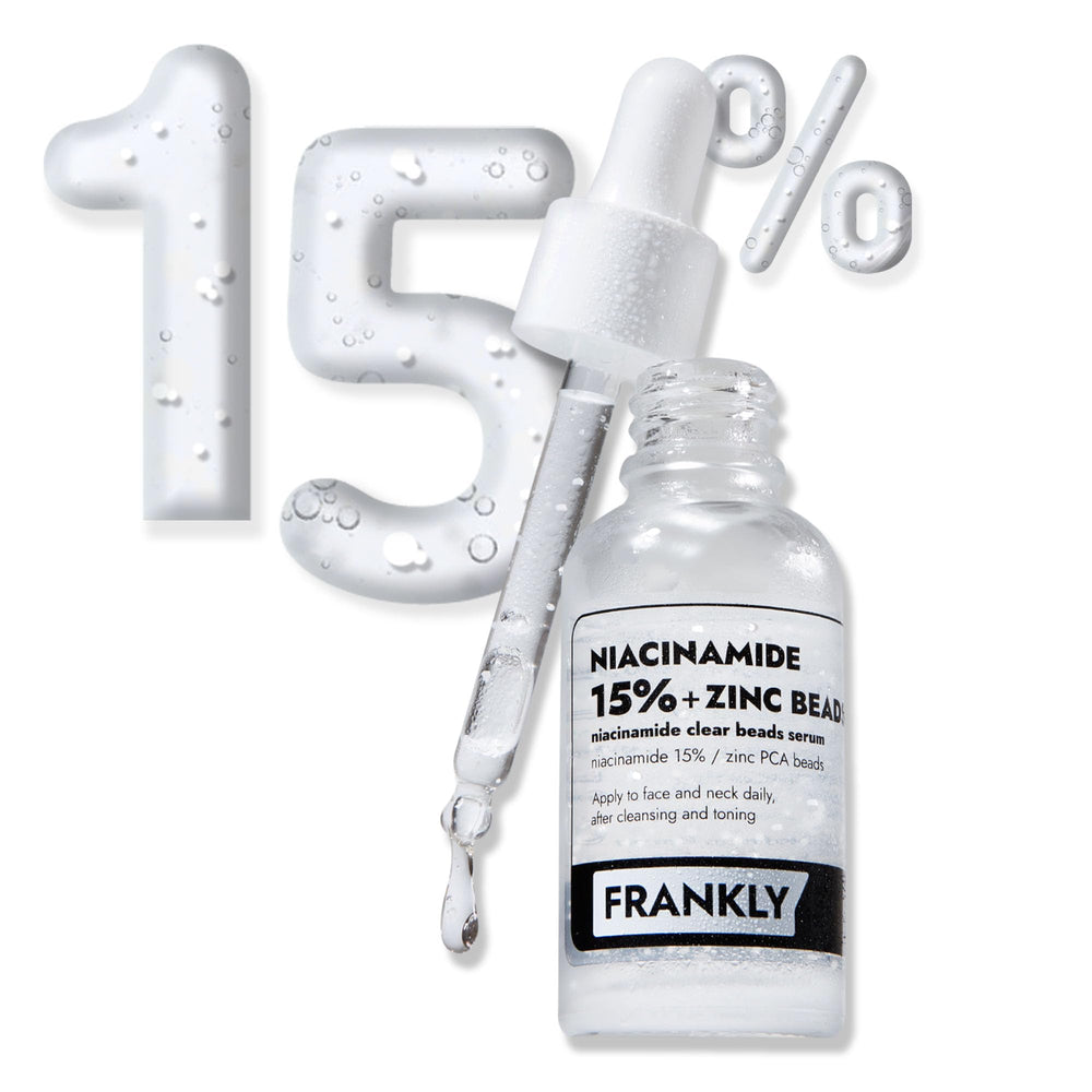 FRANKLY Niacinamida 15% + Zinc Serum frente a la botella, acabado mate suave.