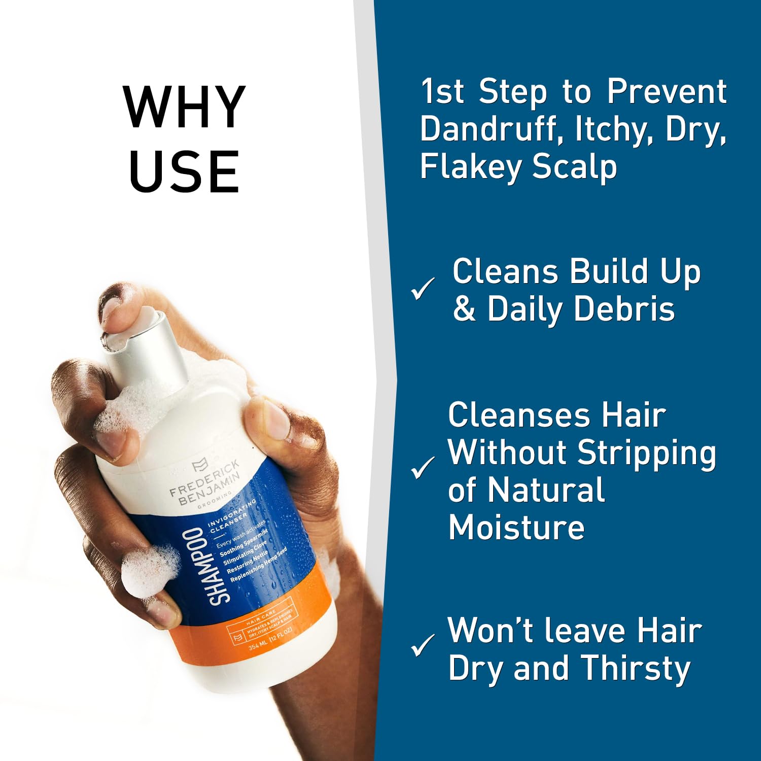 Frederick Benjamin Shampoo: cuero cabelludo irritado, alivio suave y limpieza.