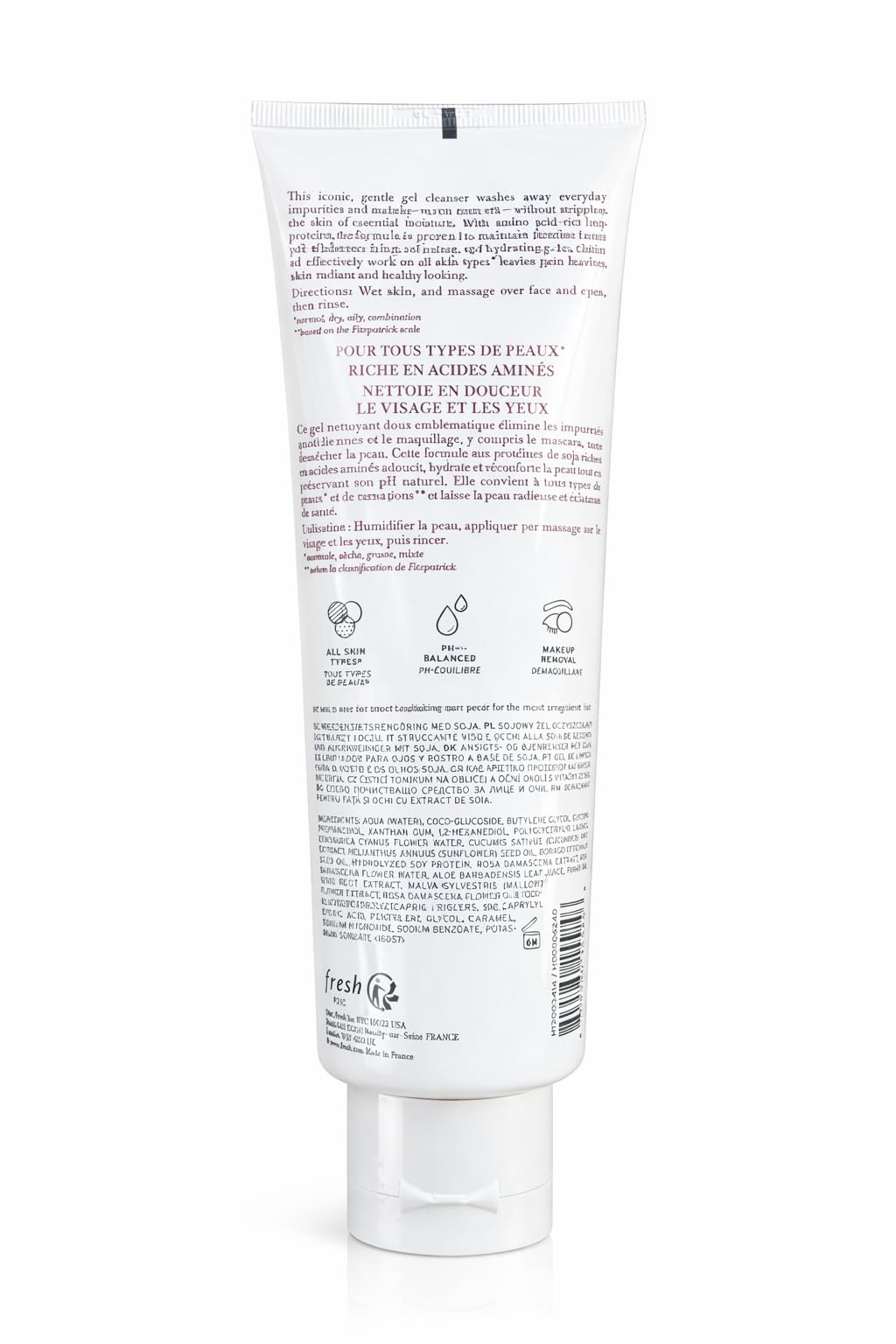 Fresh Soy Face Cleanser lavado facial con textura gel suave para piel sensible.