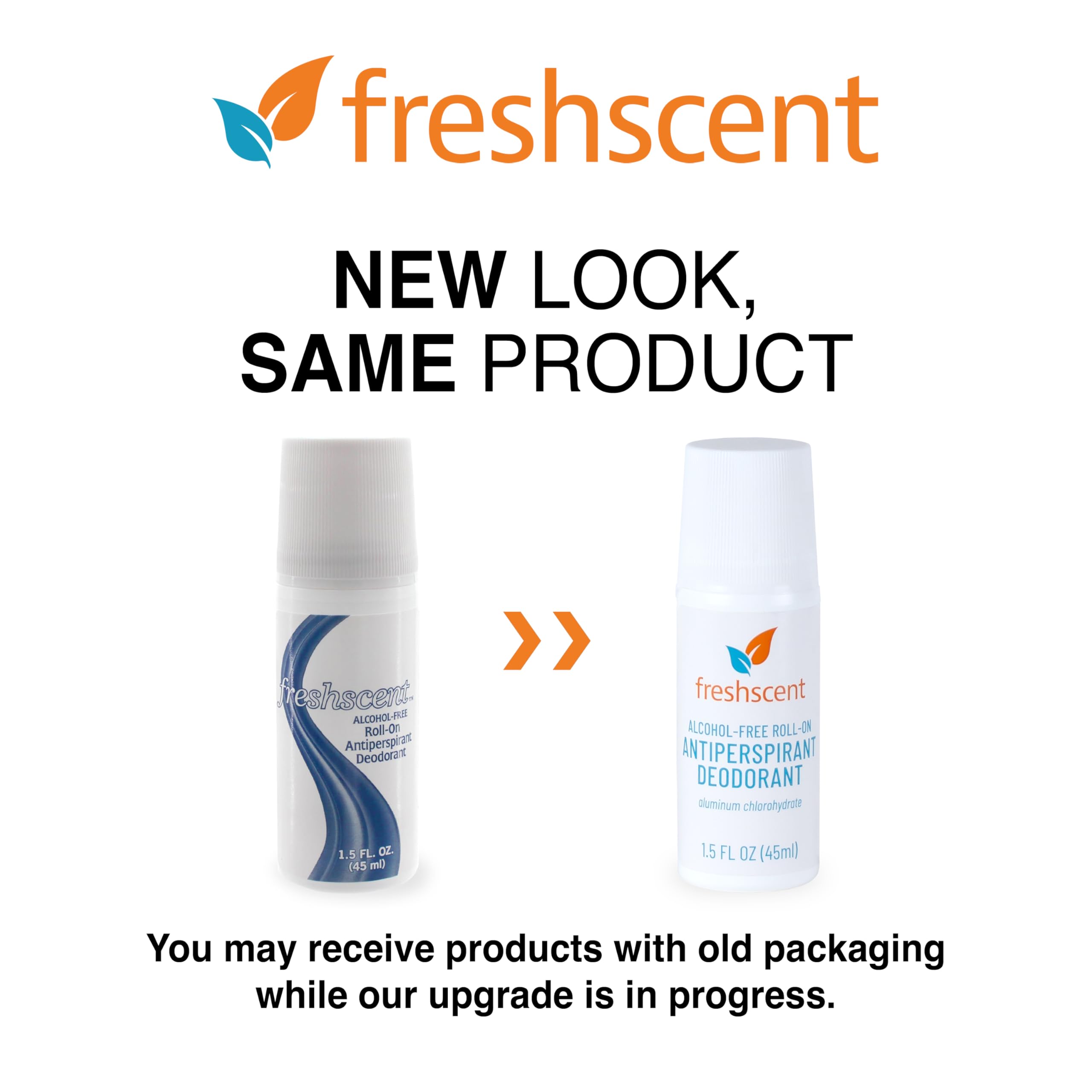 Freshscent desodorante sin alcohol, frente del envase, diseño compacto para viaje.
