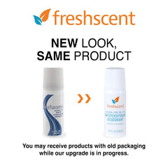 Freshscent desodorante sin alcohol, frente del envase, diseño compacto para viaje.
