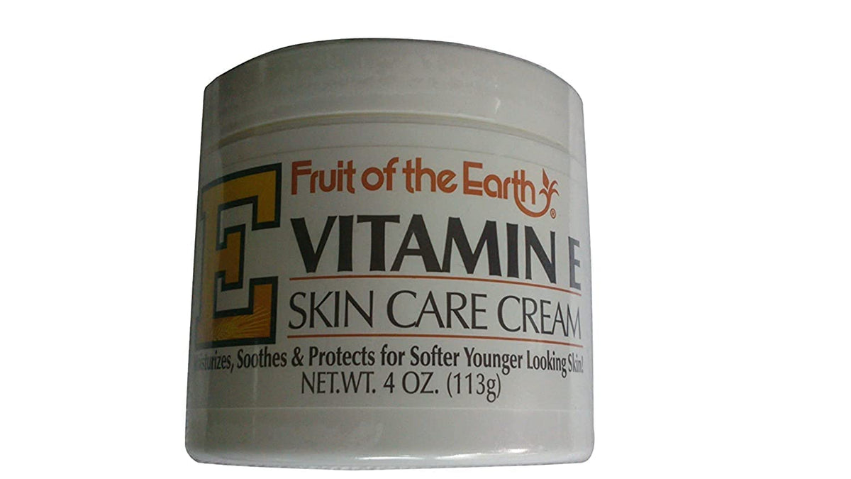 Fruit of the Earth crema vitamina E, cuidado suave para la piel, frente al frasco.
