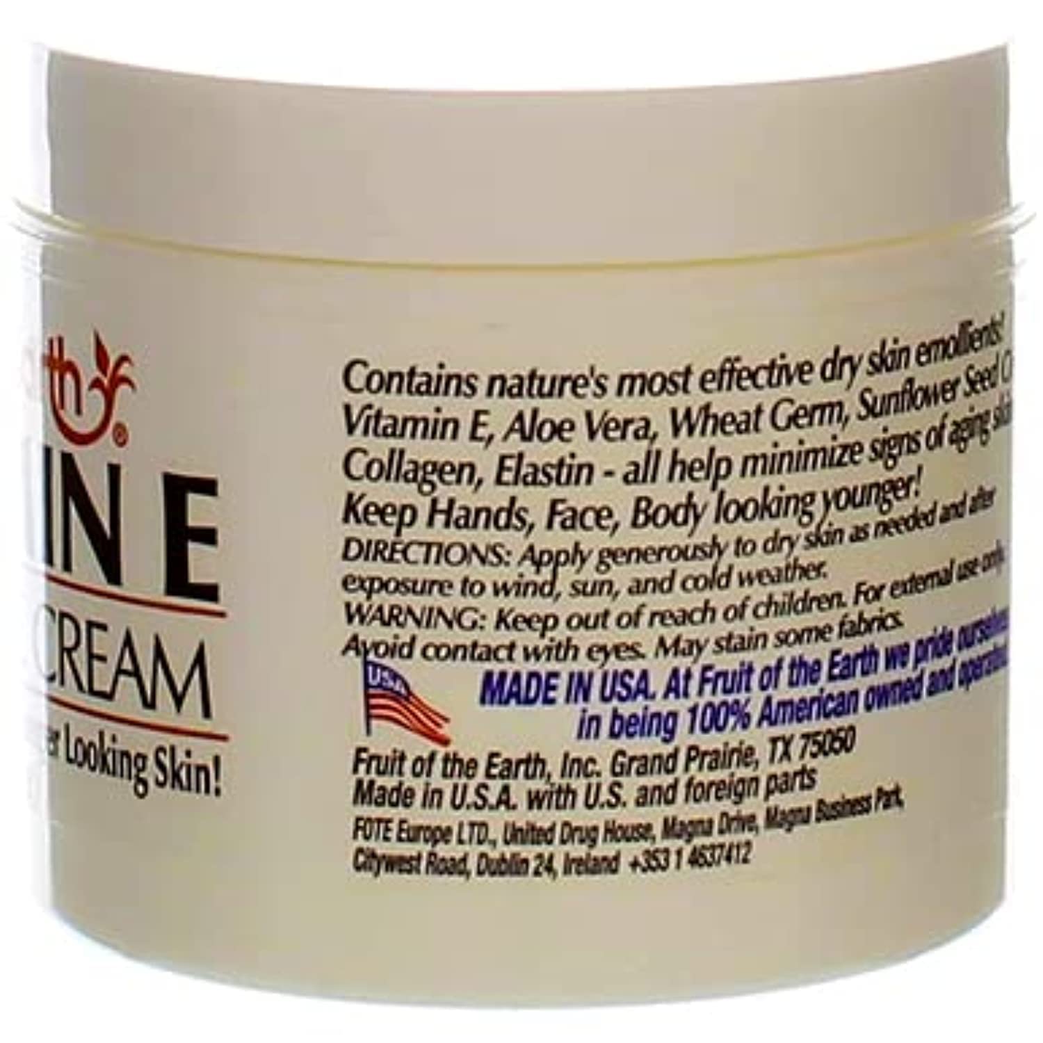 Fruit of the Earth crema vitamina E, envase de 4 oz para uso diario.