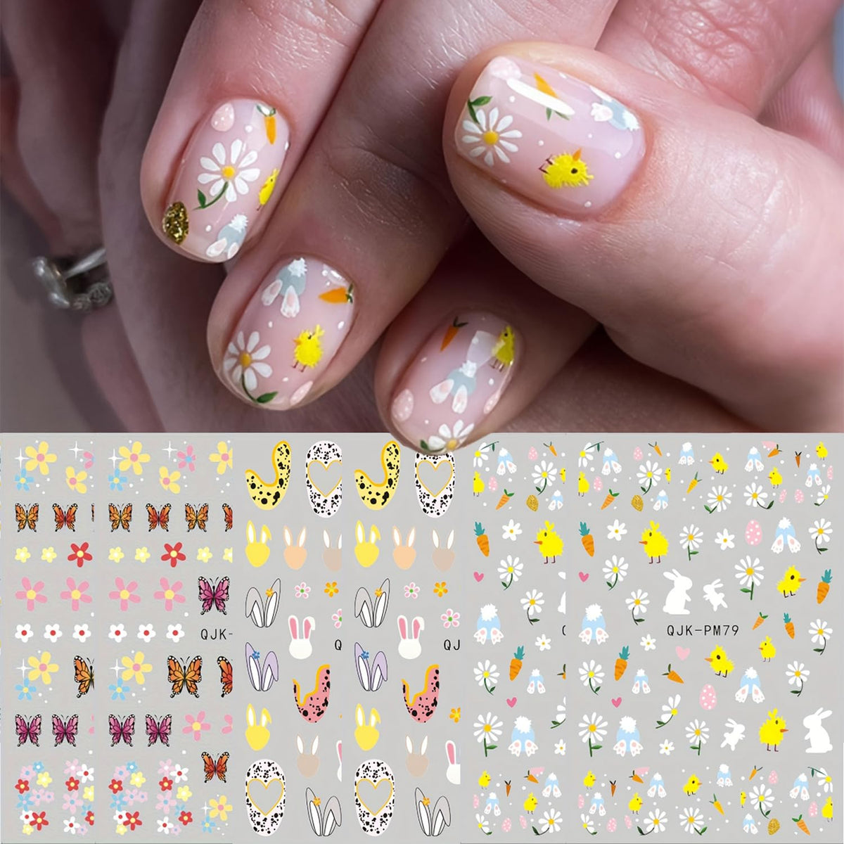 Pegatinas FUKIDOG para uñas con conejito-flor 3D para un estilo festivo.