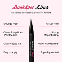 BackSpot Liner ofrece adherencia firme para pestañas magnéticas seguras durante la actividad.