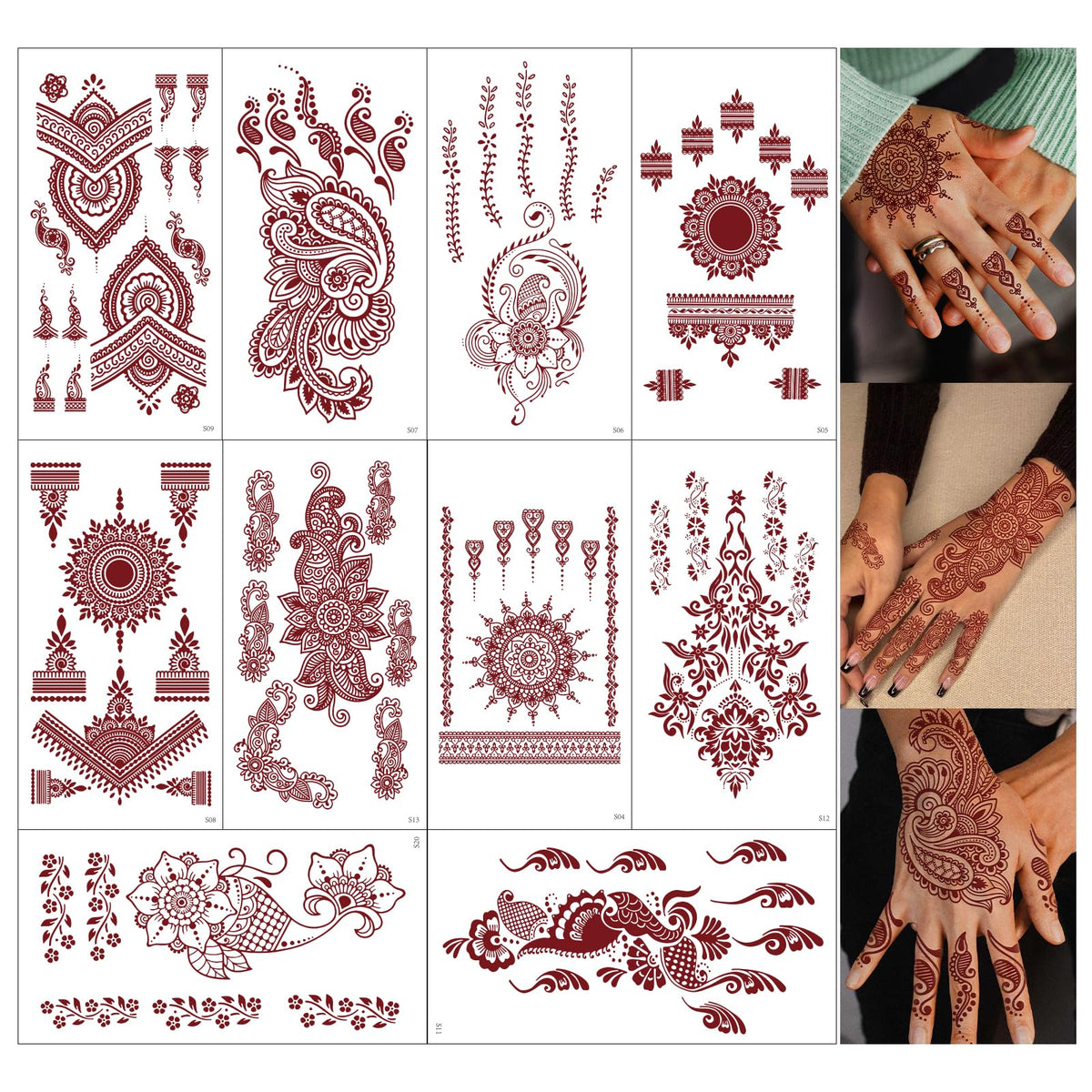 FUNTATTOO: hojas henna marrón con patrones decorativos para look temporal en fiestas.