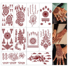 FUNTATTOO: hojas henna marrón con patrones decorativos para look temporal en fiestas.