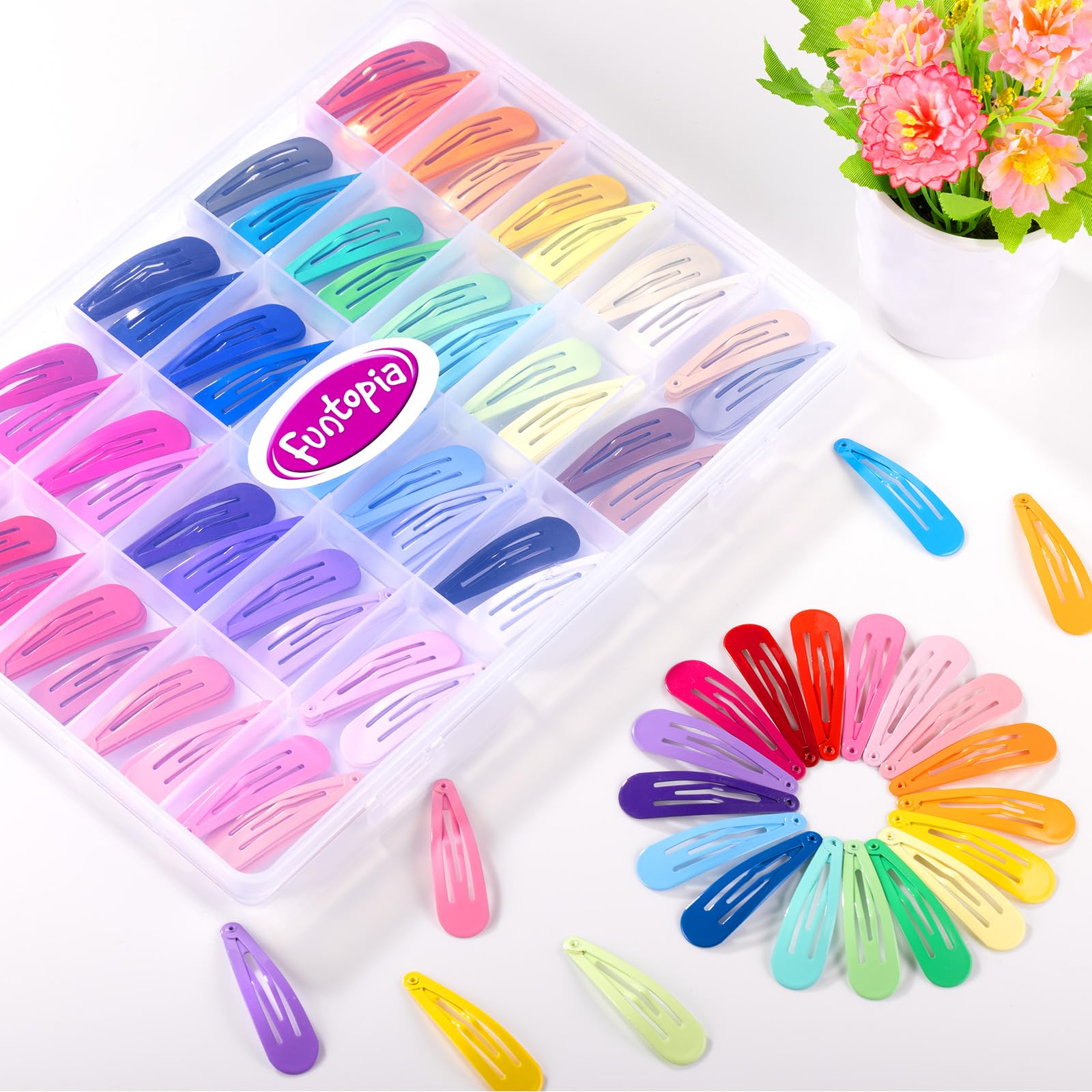 Opciones de peinado versátiles con presillas Funtopia para flequillos y detalles.