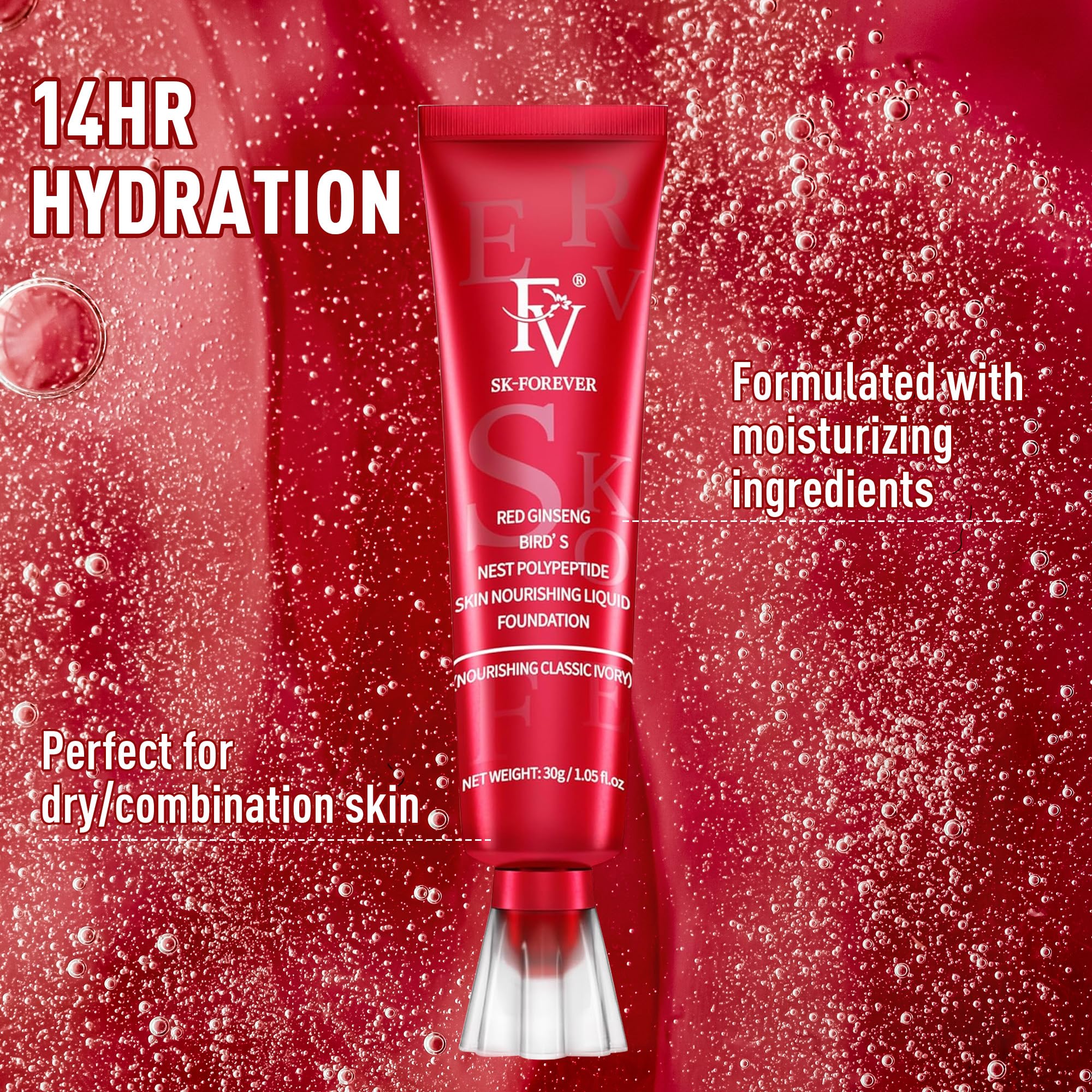 FV Base líquida, aplicación suave, cobertura media-alta en capa suave para imperfecciones.