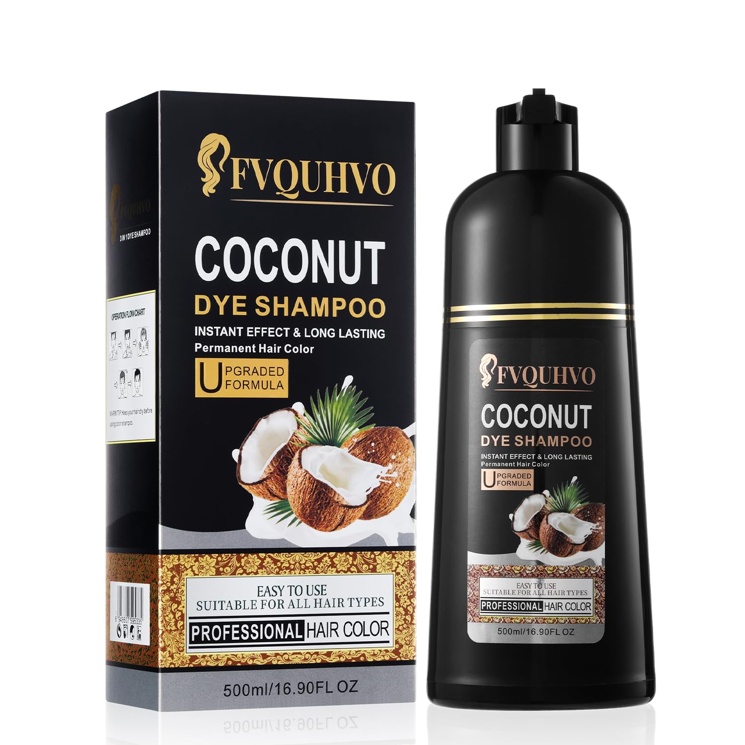 Champú tintante FVQUHVO en botella para cubrir canas con color negro.