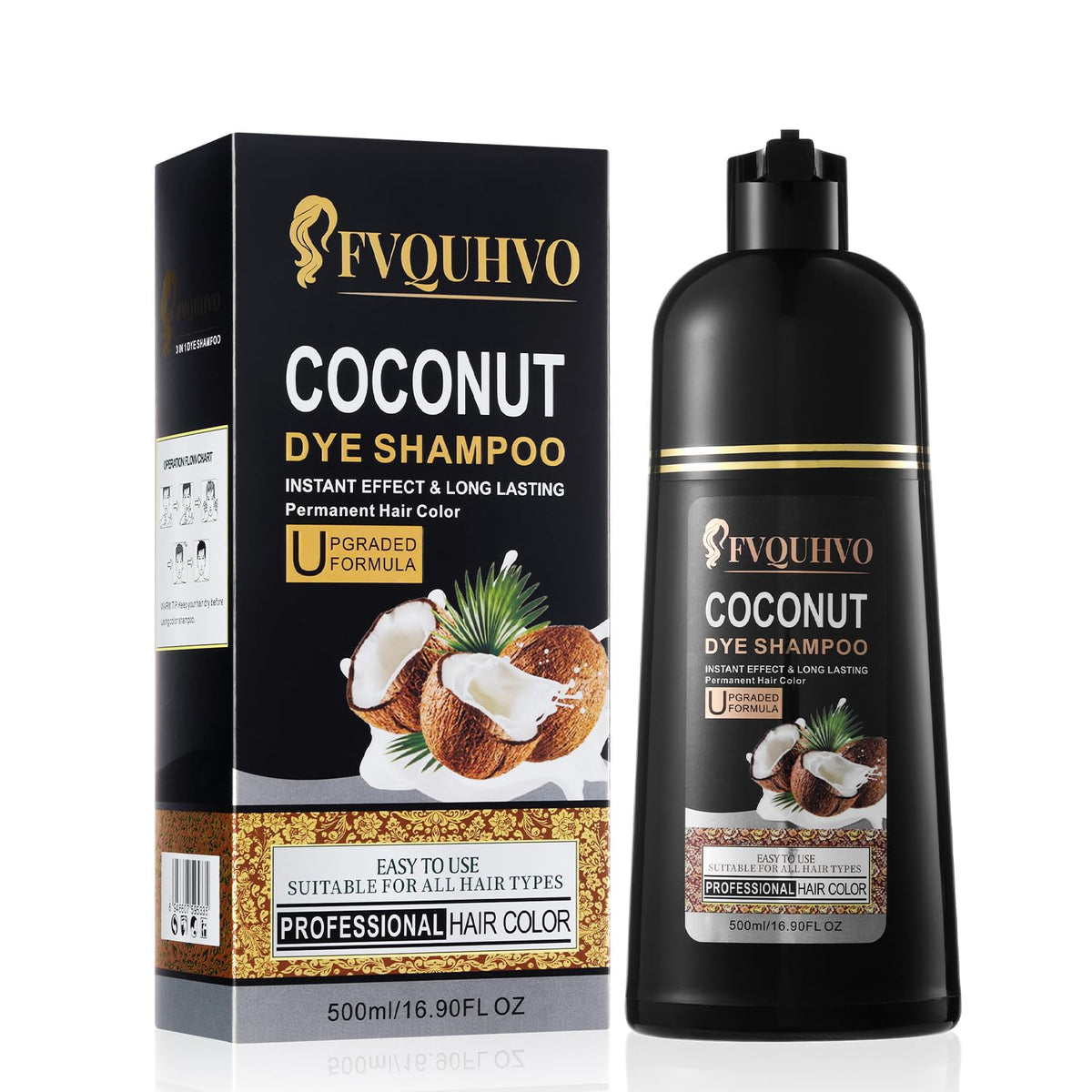 Champú tintante FVQUHVO en botella para cubrir canas con color negro.