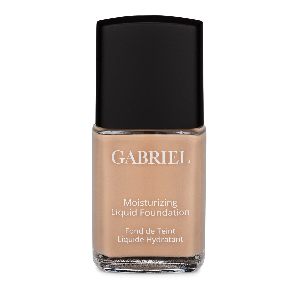 Gabriel Cosmetics fundación líquida orgánica tono beige natural, envase con bomba para aplicación precisa.