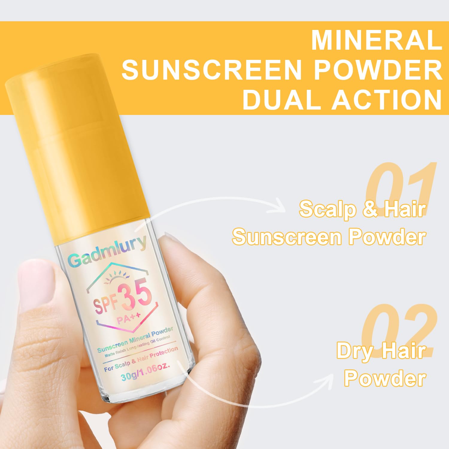 GADMLURY Polvo solar mineral: acabado mate sin residuo blanco en cuero cabelludo.