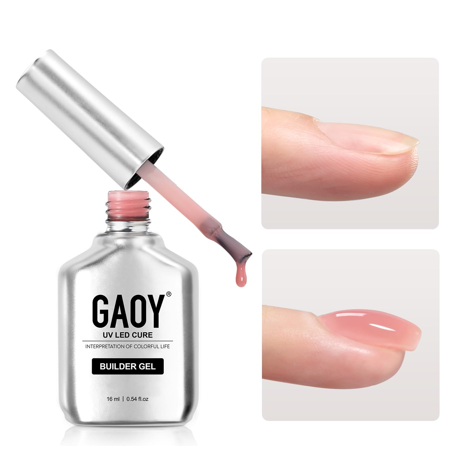 GAOY Builder Gel 16ml en botella rosa cuarzo, acabado natural y duradero.