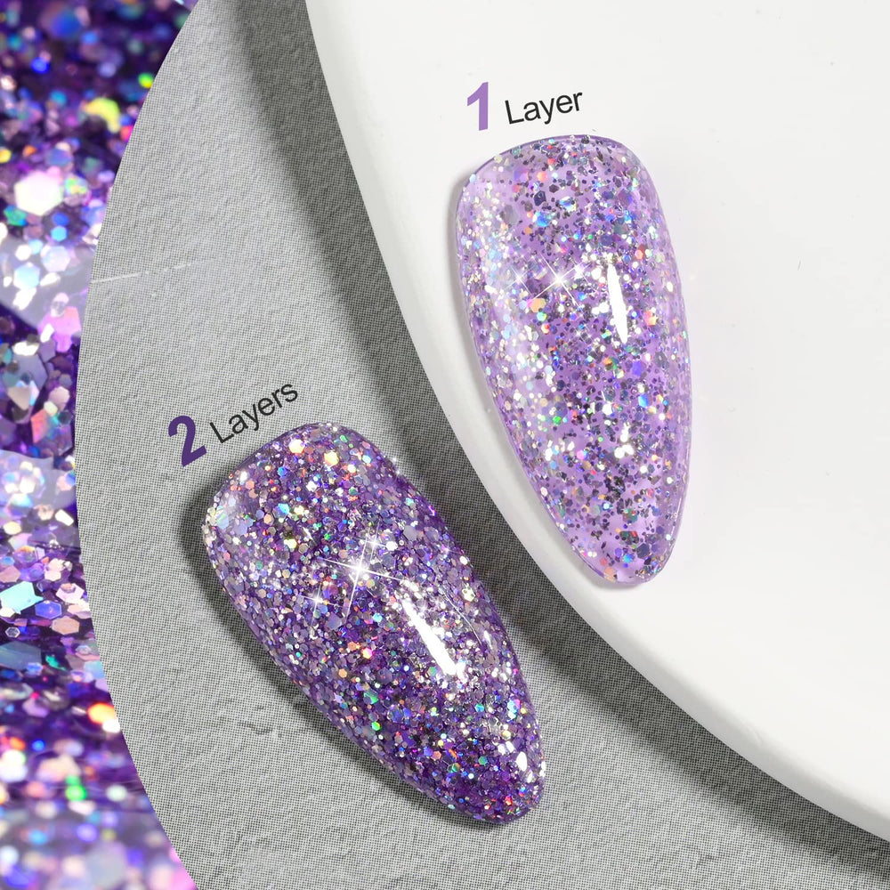 GAOY Muestra purpurina lavanda, dos capas logran efecto diamante.