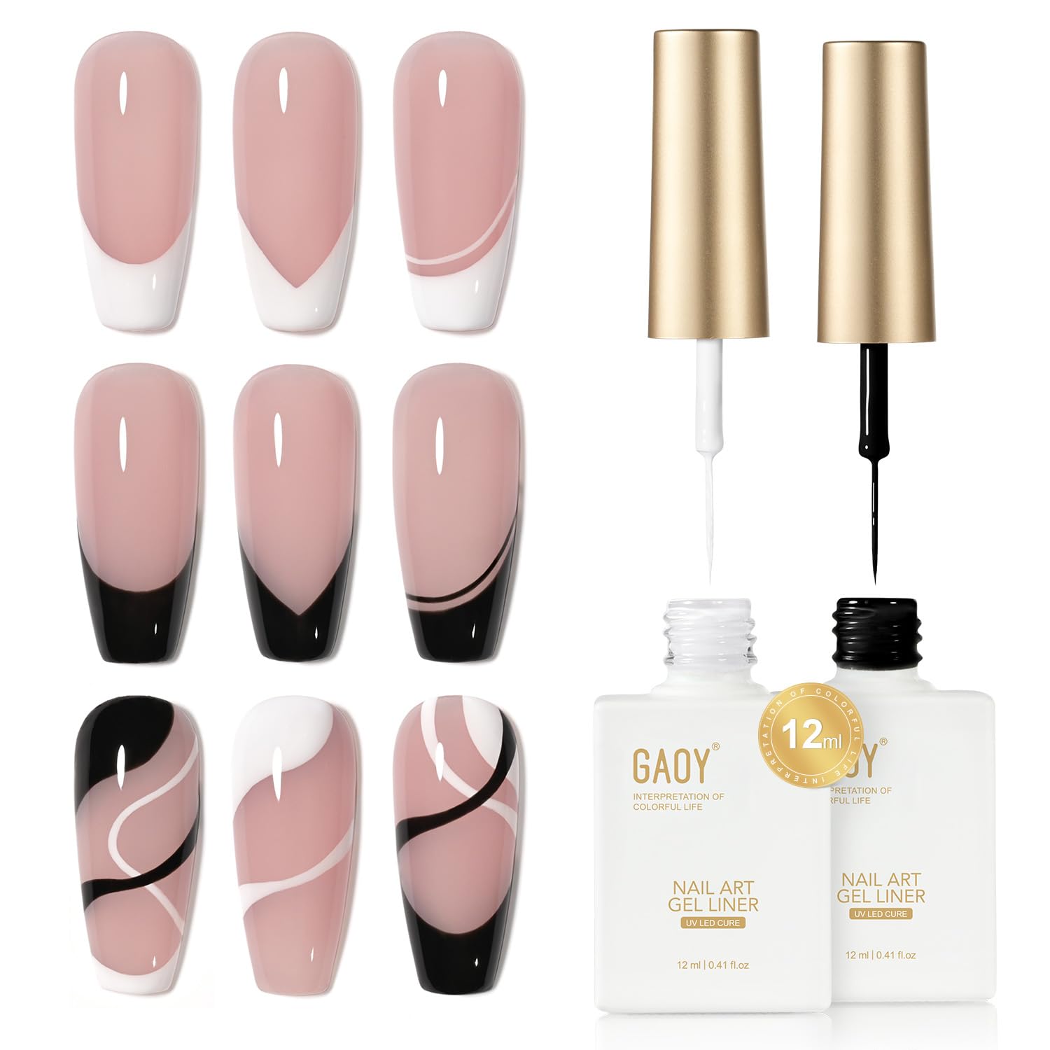 GAOY gel nail polish Art Liner negro-blanco listo para delinear uñas con precisión.