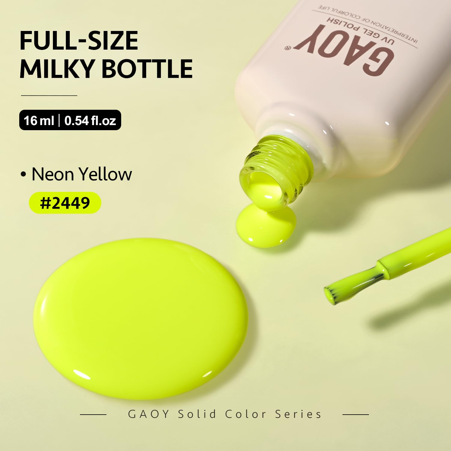 GAOY esmalte gel neón amarillo con acabado brillante profesional.