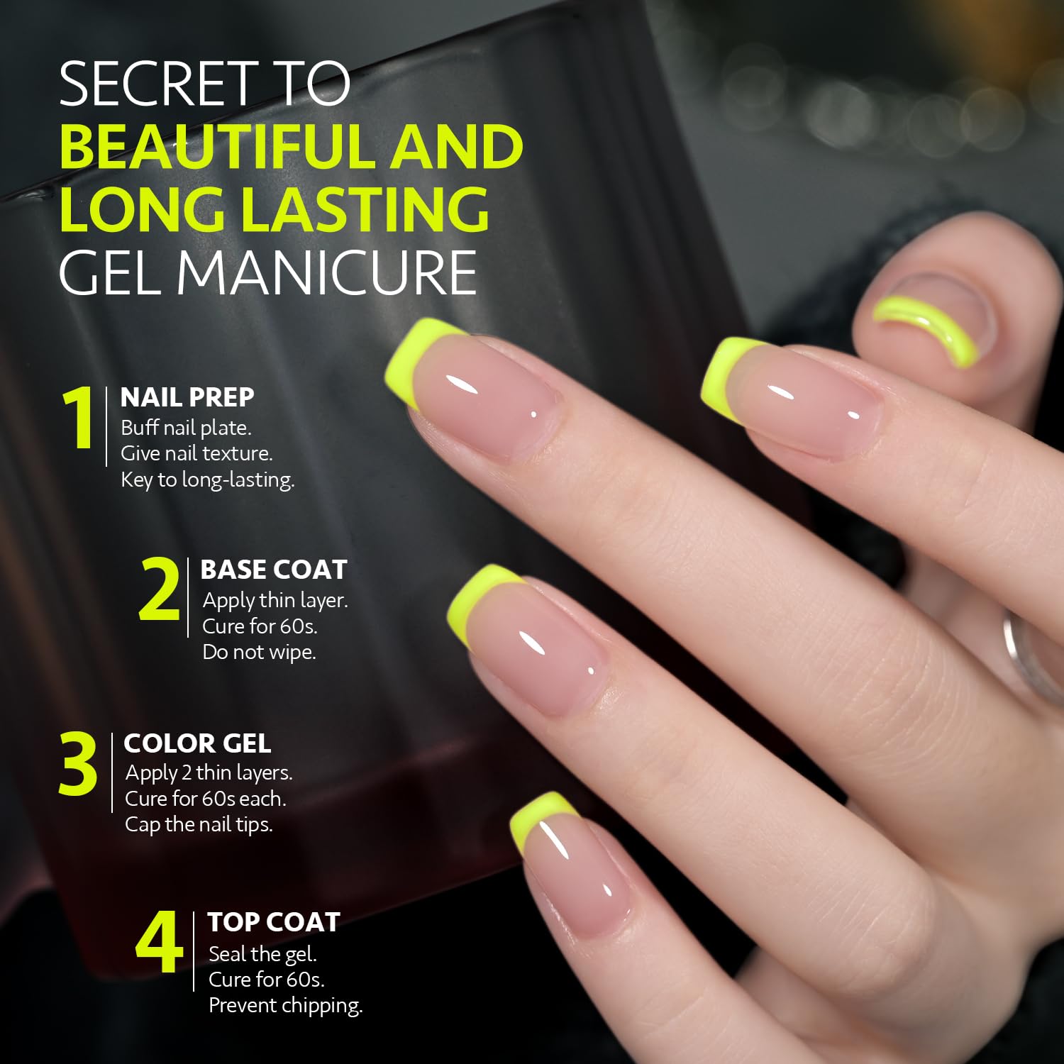 GAOY esmalte gel neón amarillo curado bajo lámpara UV para acabado rápido.