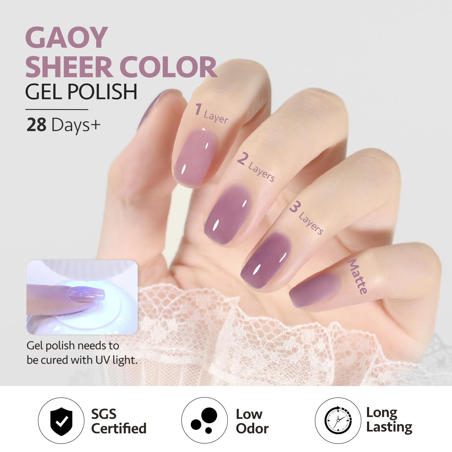 GAOY Jelly Nude Purple acabado brillante con capa superior para efecto jelly.