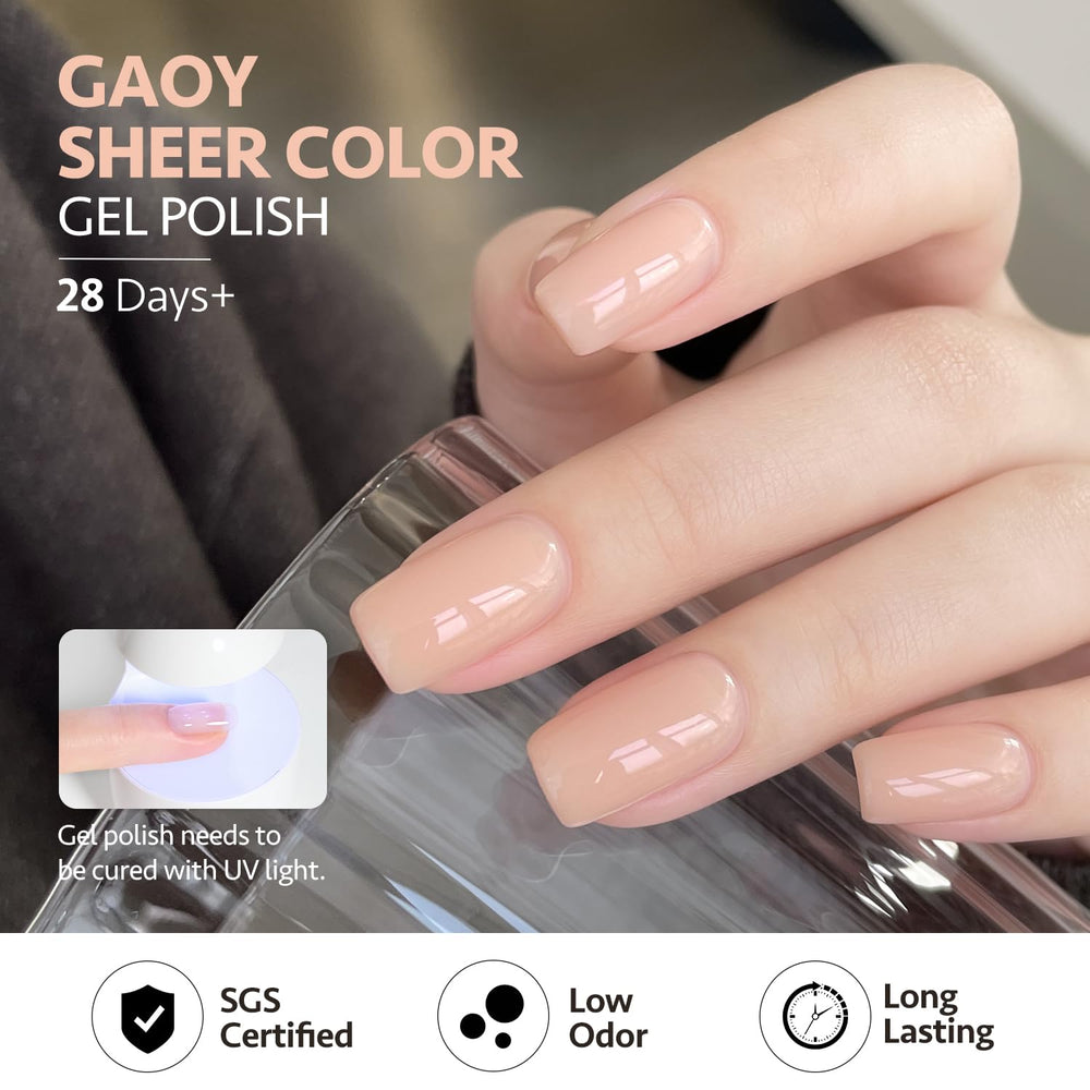 GAOY esmalte gel tono desnudo en empaque compacto para viaje.