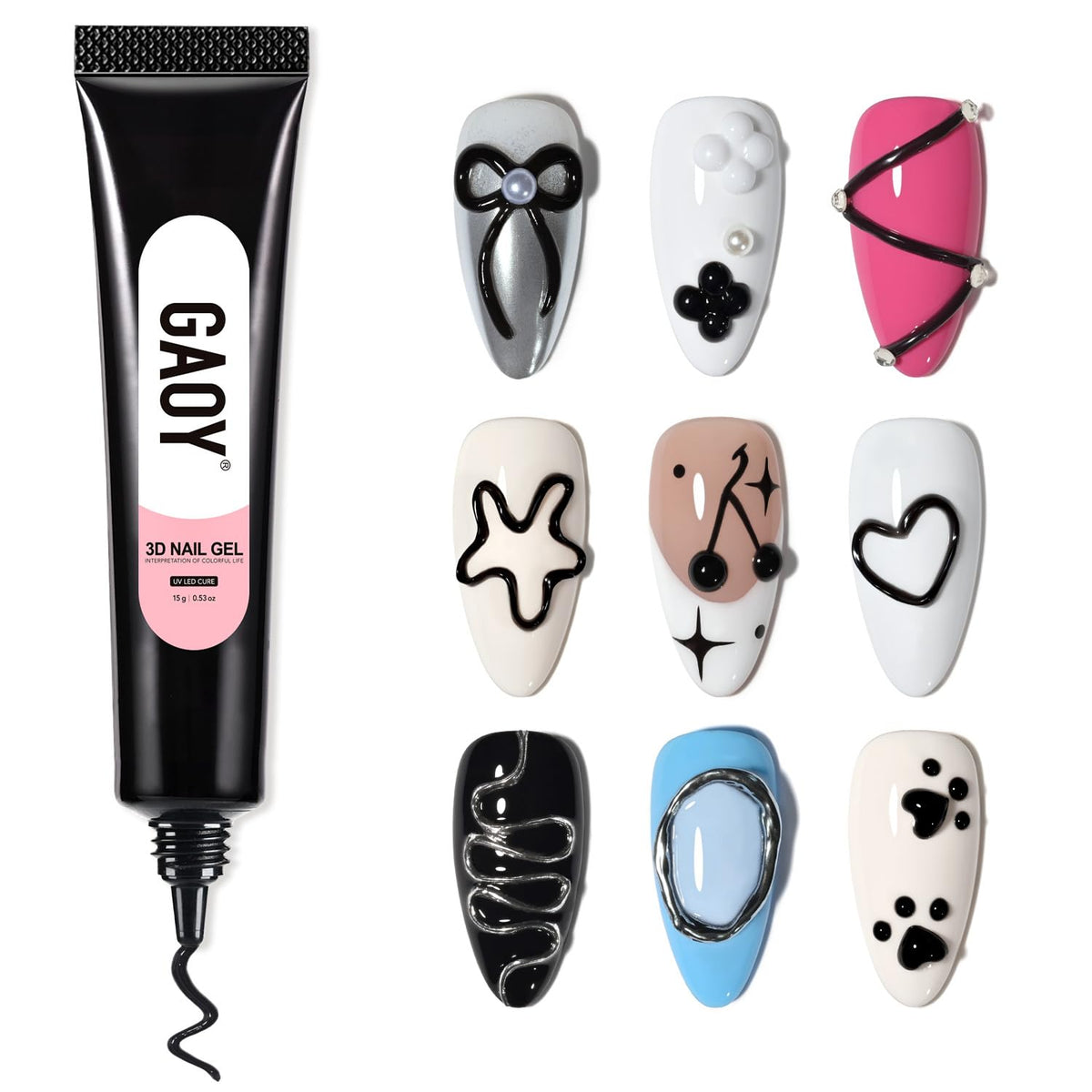 GAOY gel 3D para uñas negras, diseño tridimensional directo.