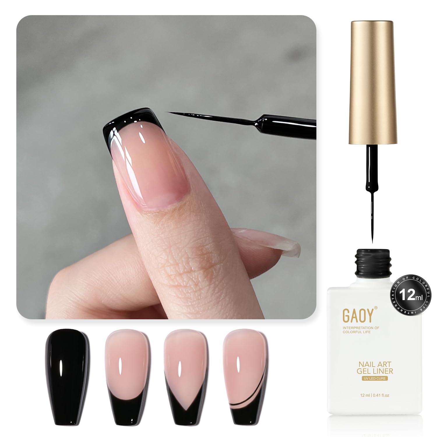 GAOY gel nail art liner espiral negro, ideal para diseños elegantes en casa.