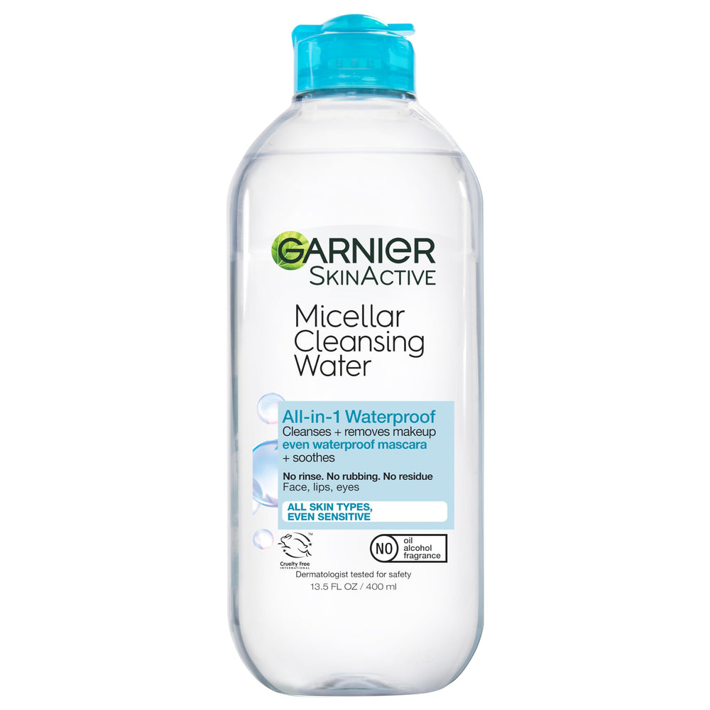 Garnier Agua micelar desmaquillante para maquillaje impermeable, suave con ojos sensibles.