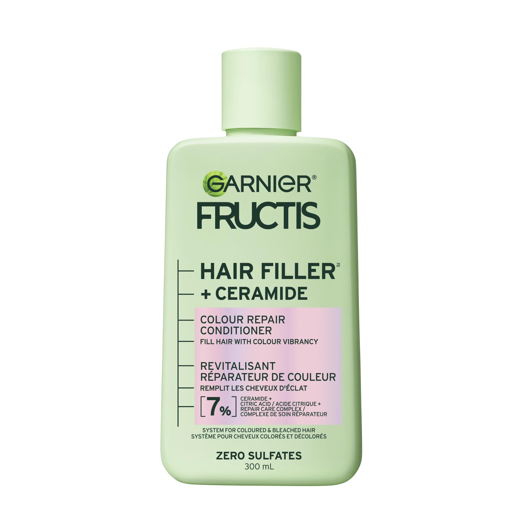Garnier Fructis Hair Filler con Ceramida, botella frente, color vibrante para cabello teñido.