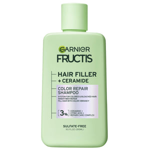 Garnier Fructis Shampoo relleno de color con ceramida mantiene el color en cabello teñido.