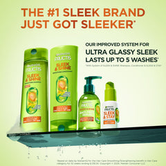 Acondicionador Garnier Fructis Sleek y Shine, botella visible, suaviza y desenreda.