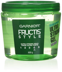 Garnier Fructis Style Gel Ultra Firme con textura lisa para peinado duradero.