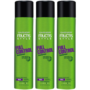 Botella de Garnier Fructis Style Full Control, laca para cabello con fijación duradera y protección antihumedad.