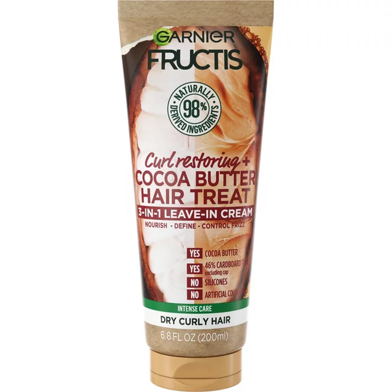 Garnier Fructis crema sin enjuague en botella, define rizos con hidratación.