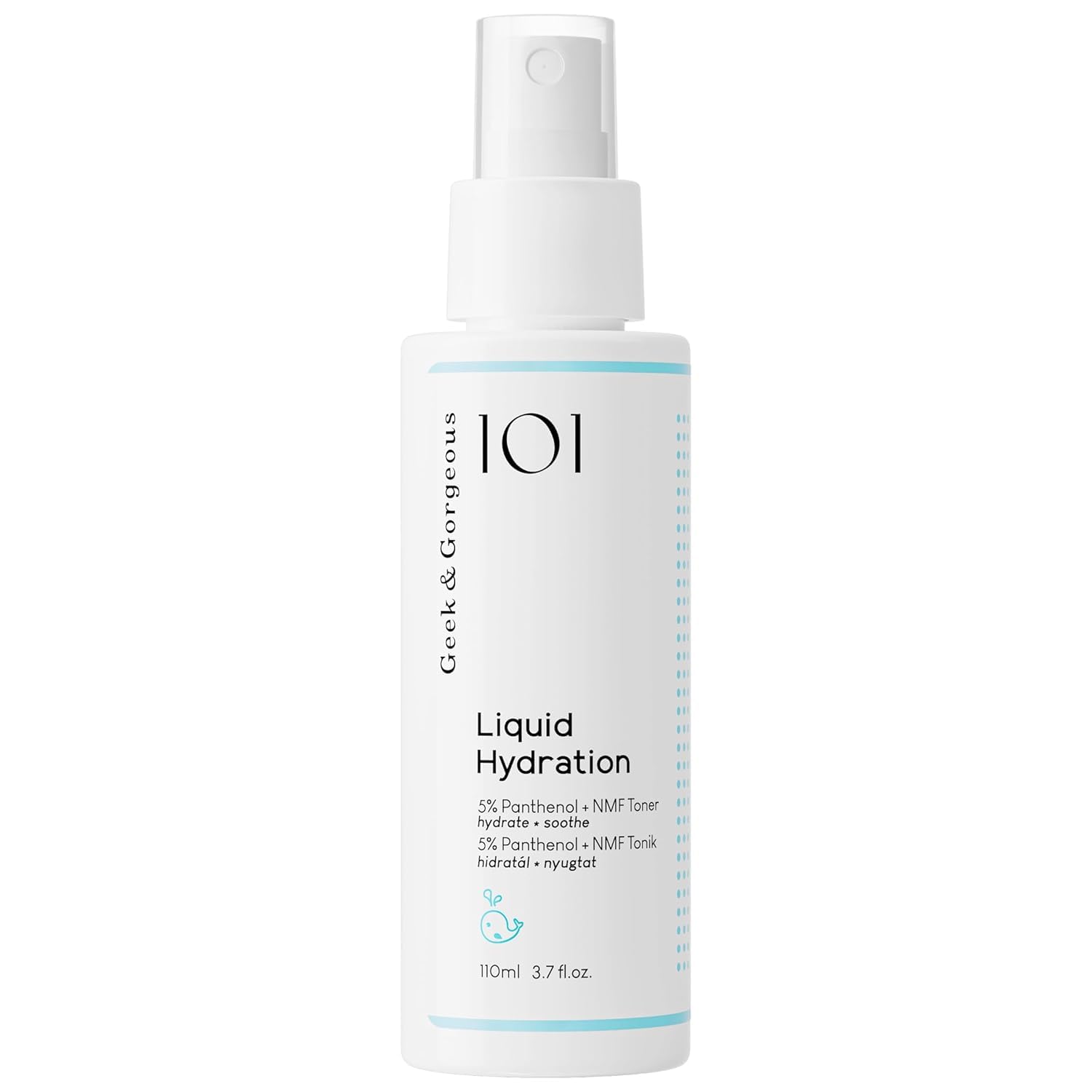 Geek & Gorgeous Liquid Hydration Toner en botella con spray para hidratación rápida.