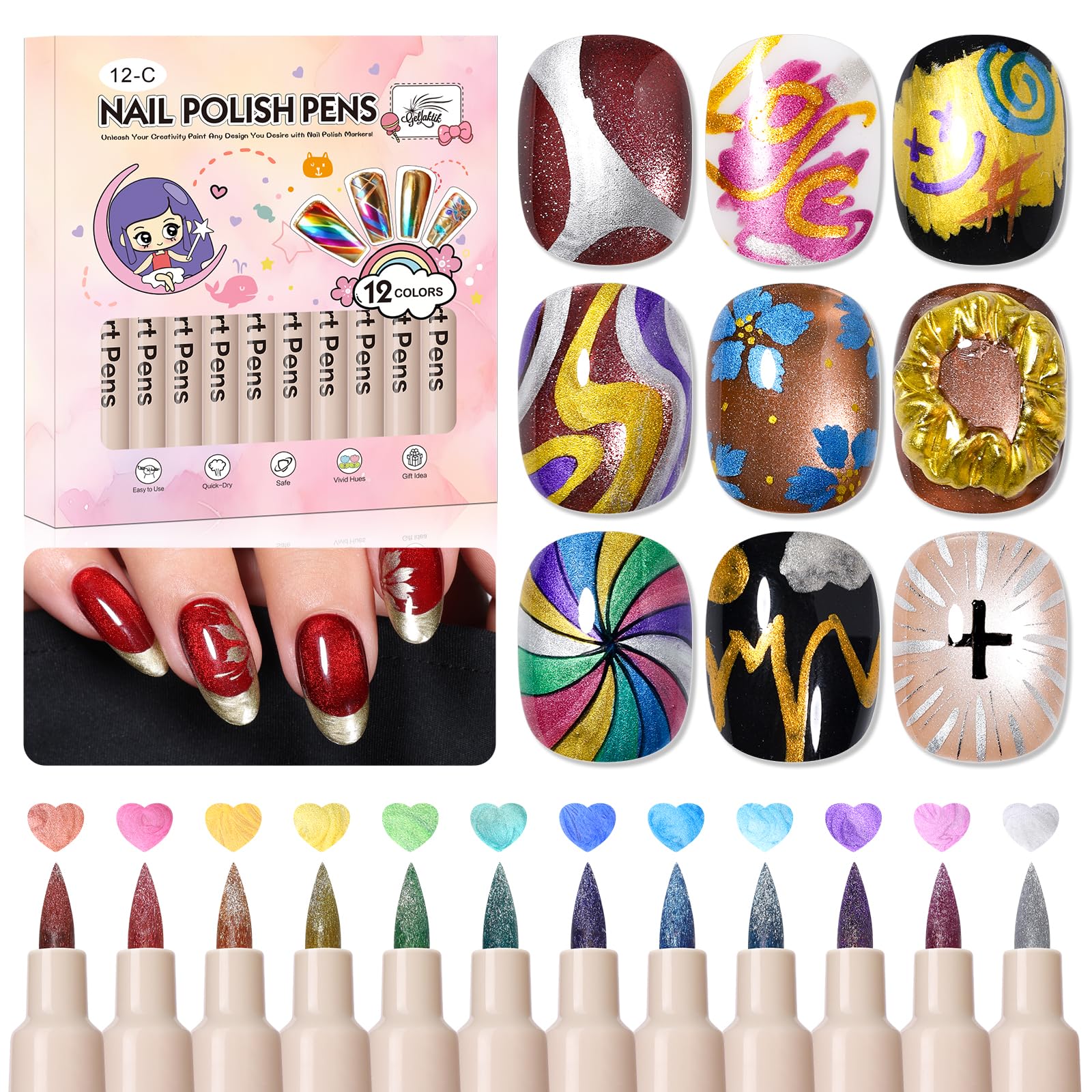 GELLAKTIK lapices uñas metalizados, punta 0-7mm para delineado preciso y brillo duradero.