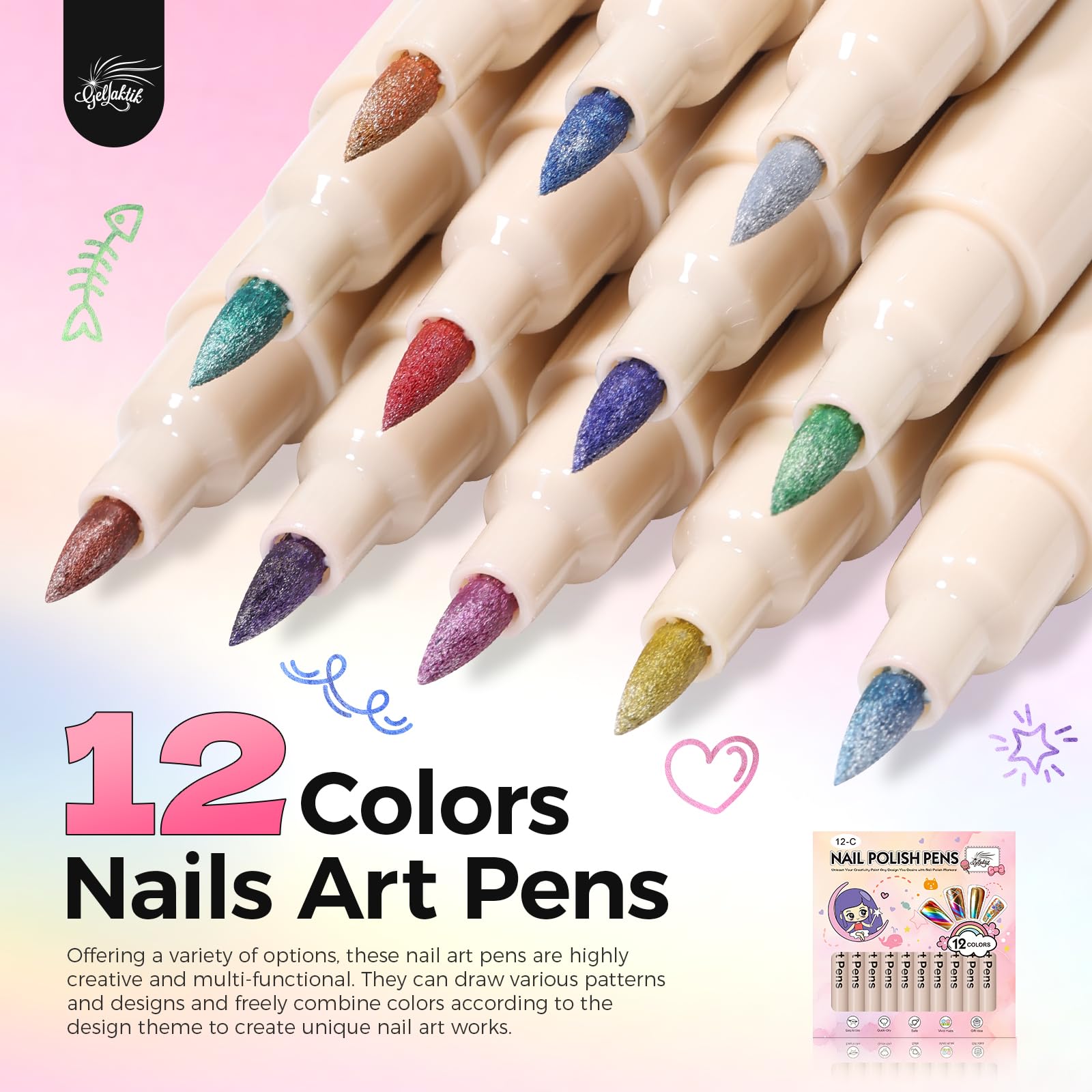 GELLAKTIK lapices uñas, colección metalizados, muestra colores vibrantes para diseños llamativos.