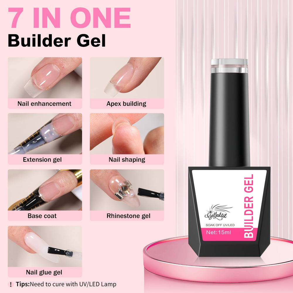 Gellaktik Builder Gel con pincel integrado para aplicación precisa.
