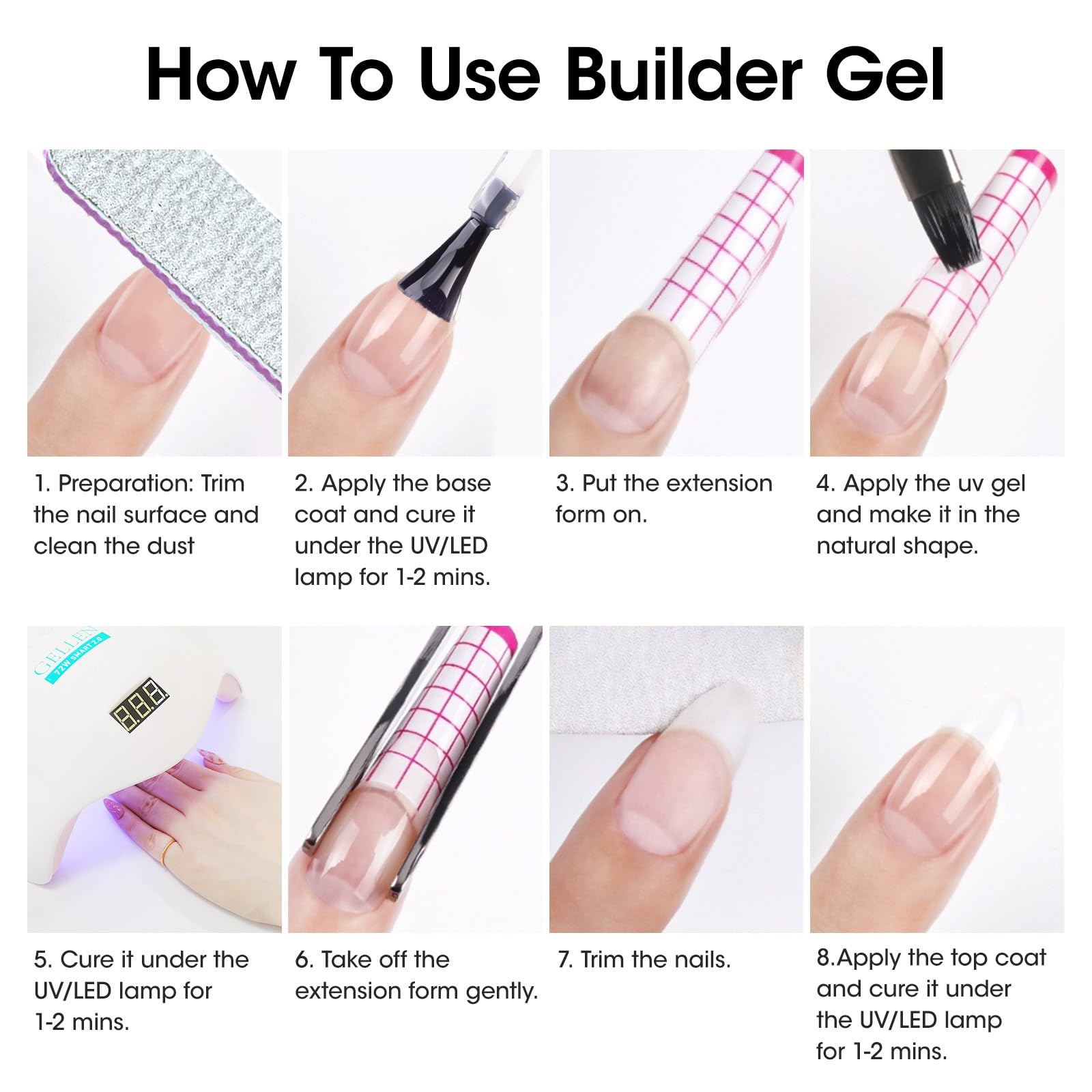 Gellen Builder Gel Kit contiene base coat y pasos previos claros