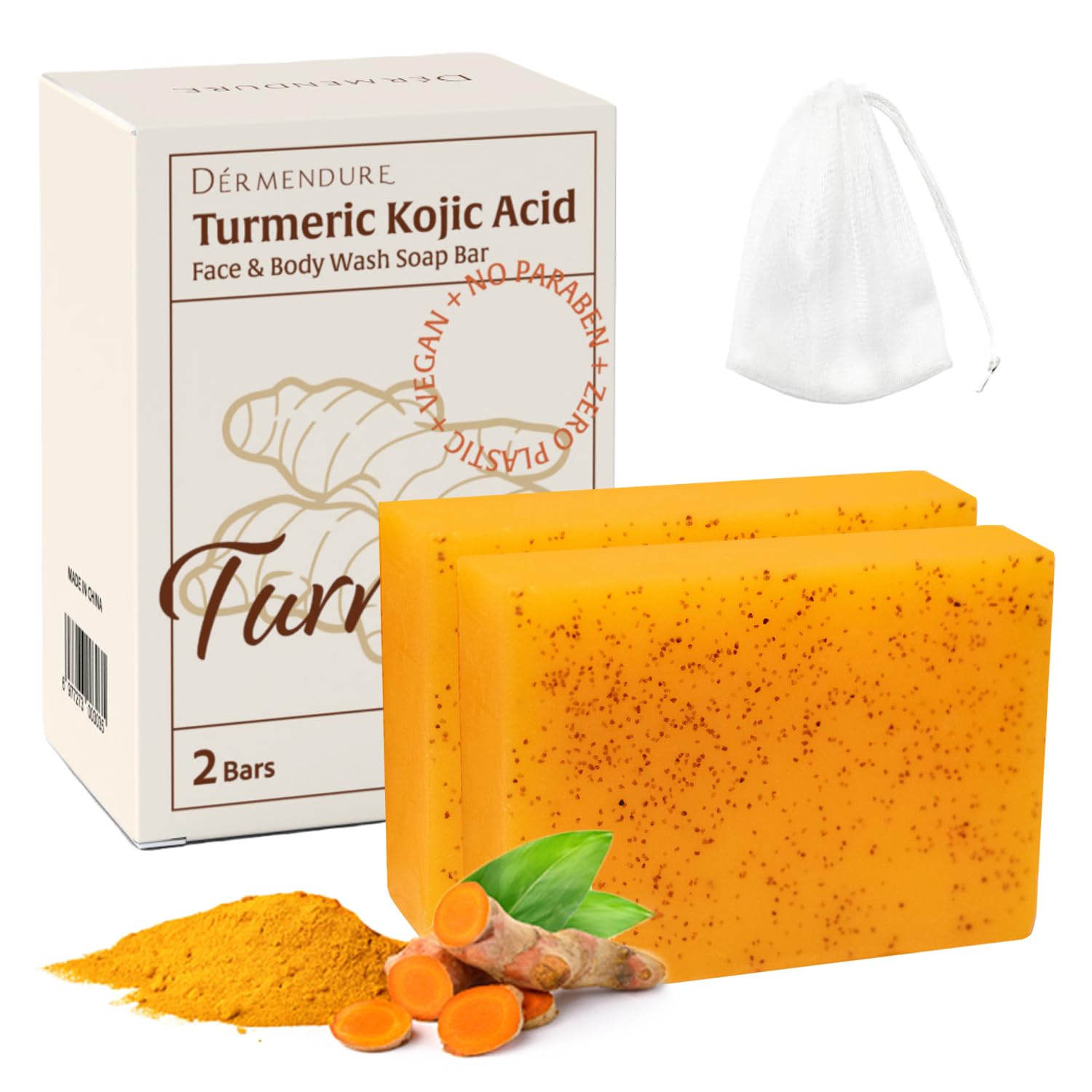 Generic jabon curcuma-acido kojico para uso facial, mejora tono uniforme.