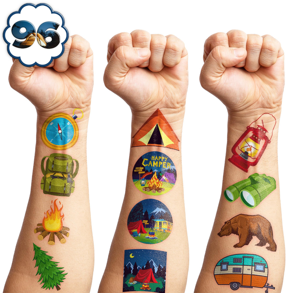 Generic tatuajes camping: 8 hojas, diseños variados para fiestas infantiles.