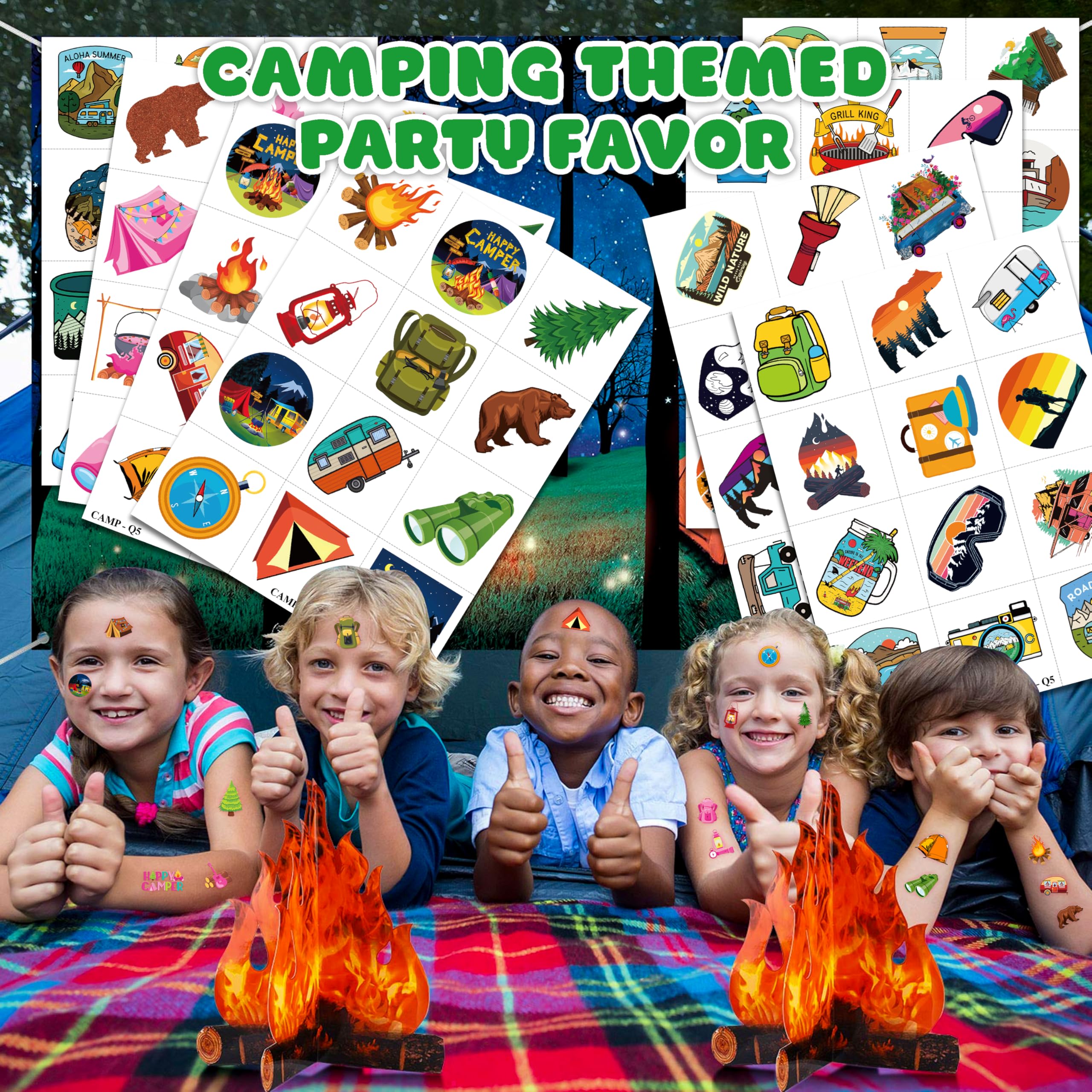 Generic tatuajes camping: diseños variados para manos, brazos y objetos en fiestas.