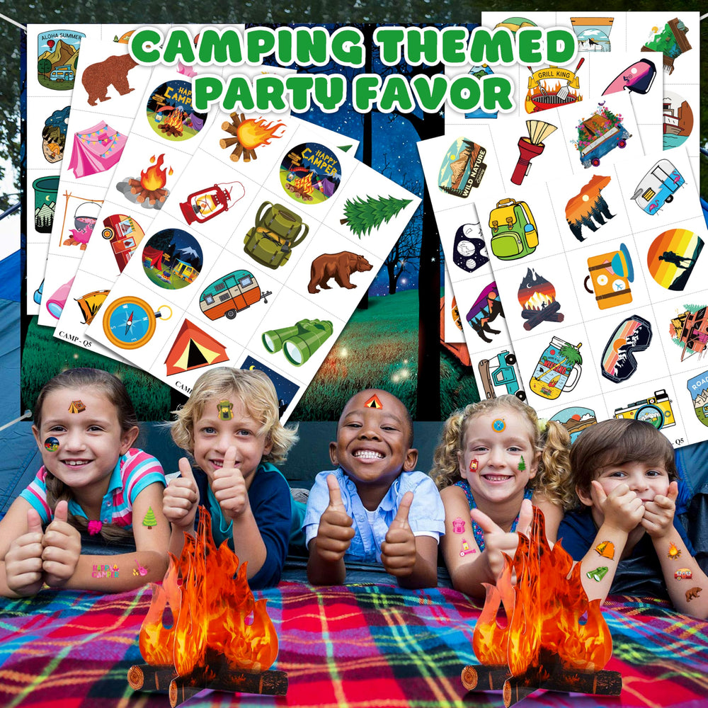 Generic tatuajes camping: diseños variados para manos, brazos y objetos en fiestas.
