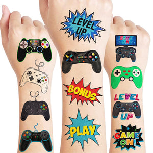 Tatuajes genéricos de juego en 8 hojas con diseños divertidos para fiestas.